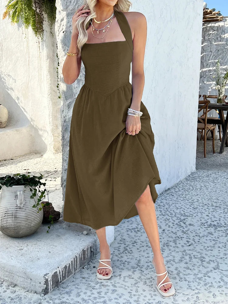 Cyflymder  Slimming Halter Backless Sleeveless Dress for Women Solid Color High Waist Casual Summer Vacation Beach Sundress