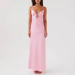 Cyflymder  Women Cami Dress Solid Color Sleeveless Tie-Up Front Sleeveless Backless Dress Long Dress Summer Casual Spaghetti Strap Dress