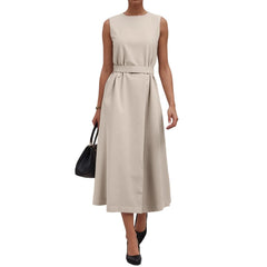 Cyflymder  Women Elegant Sleeveless Long Dress Drawstring High Waist Crew Neck Casual Dress Office Lady Business Solid Color Party Dress