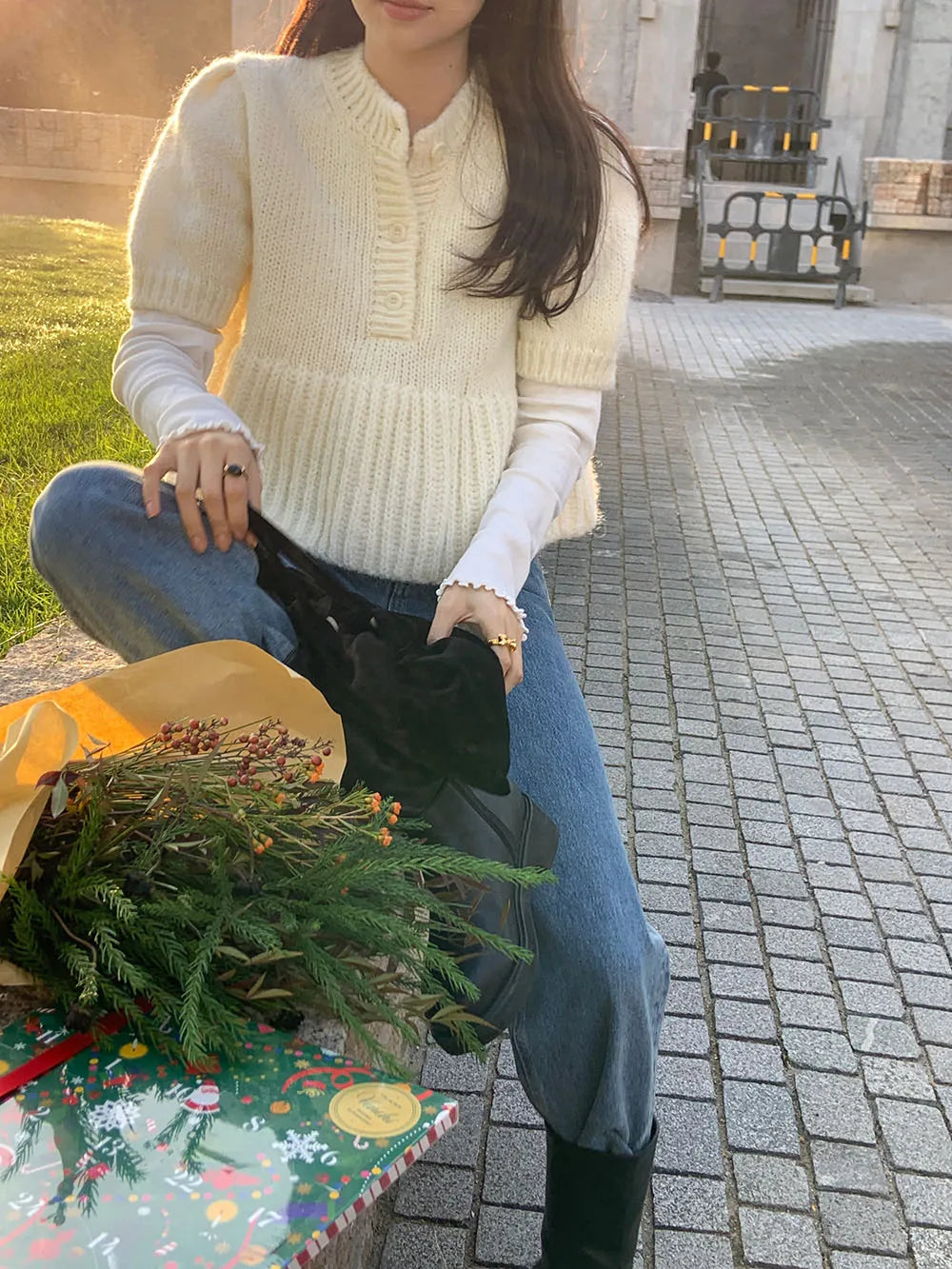 Cyflymder  Chic Autumn New Sle Retro Splicing Lace Trim Soft Bubble Sve Knitted Sweater Women's Faionable Commute Loose Fit