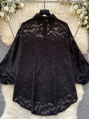 Cyflymder  Ele Vintage Bubble Sve irt Women's Loose Embroidered Me Top Spring Faionable Commute Sle Korean Version