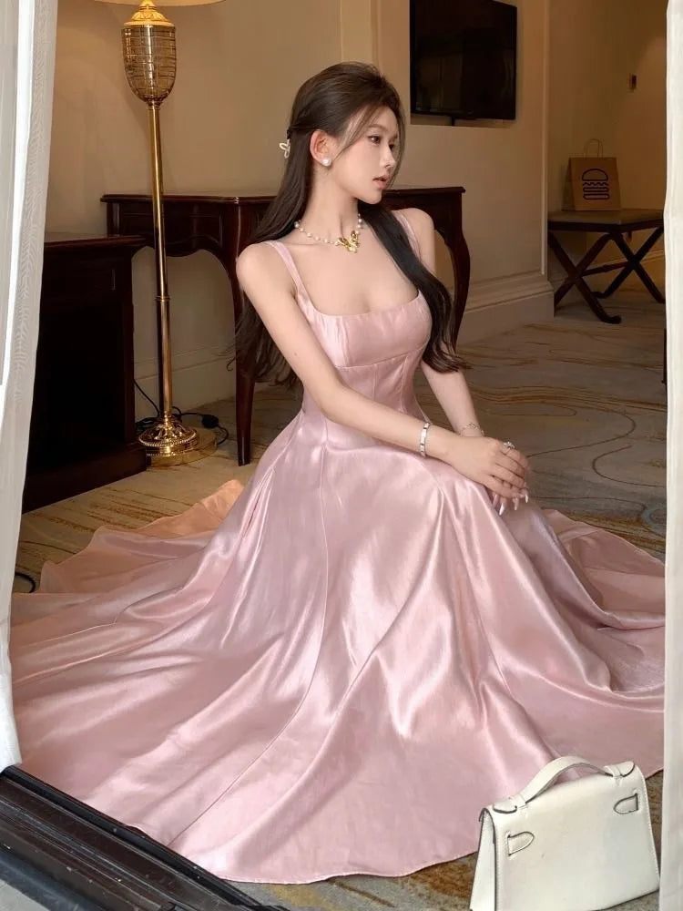 Cyflymder  Elegant Satin Midi Dresses for Women Sleeveless High Waist Evening Party Dress A-line Prom Robe Korean Fashion Summer Vestidos