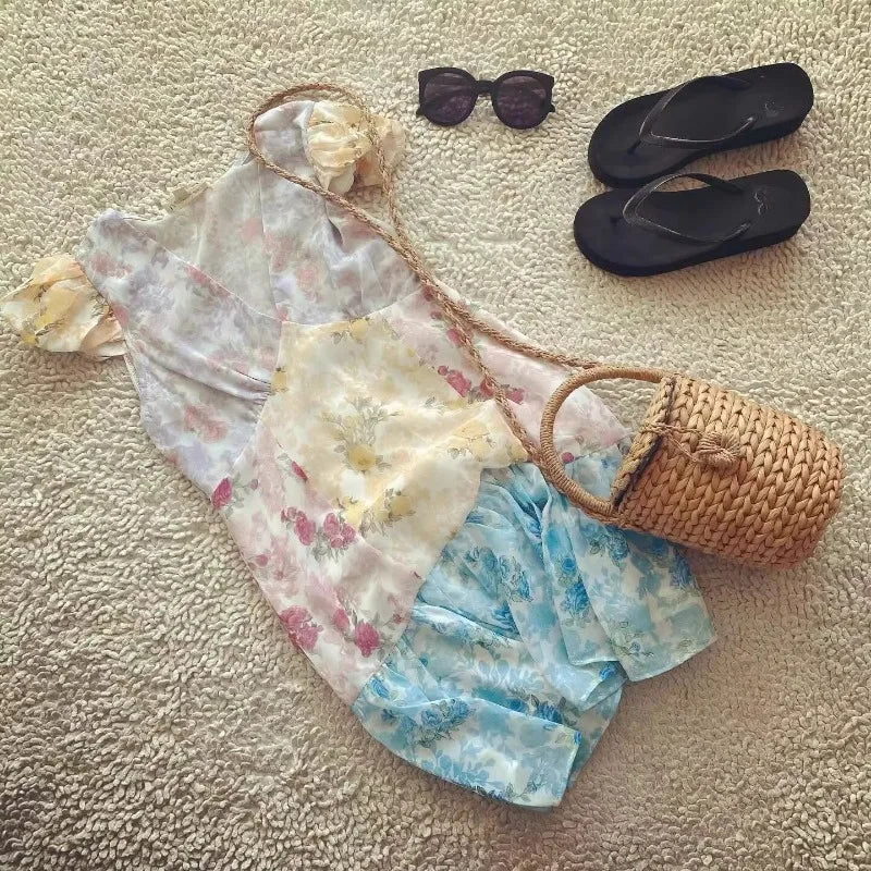Cyflymder  floral short sleeve dress women ruffled mini summer dress cute ladies dresses bow tied front sexy dress for women