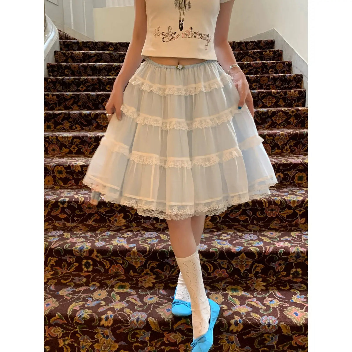 Cyflymder  Light Blue Lace Cake Layered Skirt Ladies Summer Skirt