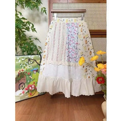 Cyflymder  Summer Bohemia Sweet Flower Print Skirts Women Trendy Chic Splice Simple Elastic Waist Splice Lace A-line Midi Skirt 288B