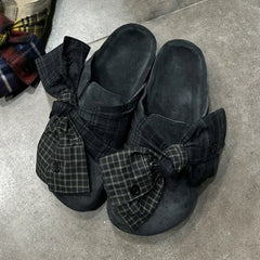 Cyflymder   Women's Vintage Plaid Bow Mules Summer Round Toe Slip-On Casual Suede Shoes Toe Slides for Ladies