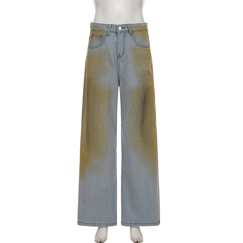 Cyflymder   Vintage Washed Distressed Straight-Leg Jeans Women's Low Waisted Denim Pant Y2K Streetwear Trousers Casual Loose Outfit