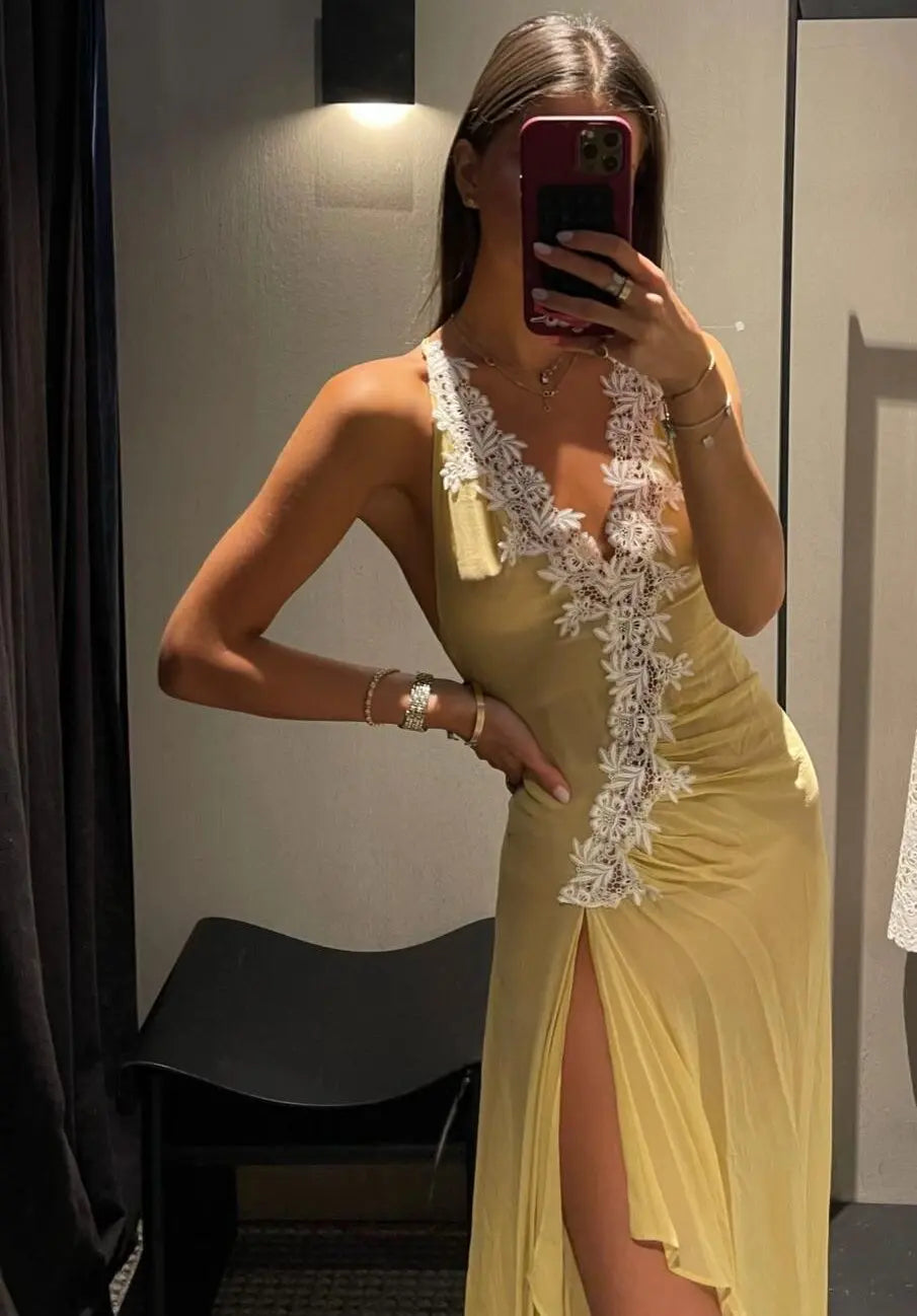 Cyflymder  Women's Beach Vacation Yellow Maxi Dress Lace Trim Deep V Neck Backless High Slit Sleeveless Bodycon Summer Holiday Date Dress