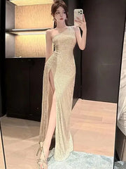 Cyflymder Summer Beige Sexy Club Off Shoulder Sequin High Split Long Dress Women Elegant Backless Birthday Party Evening Prom Dresses