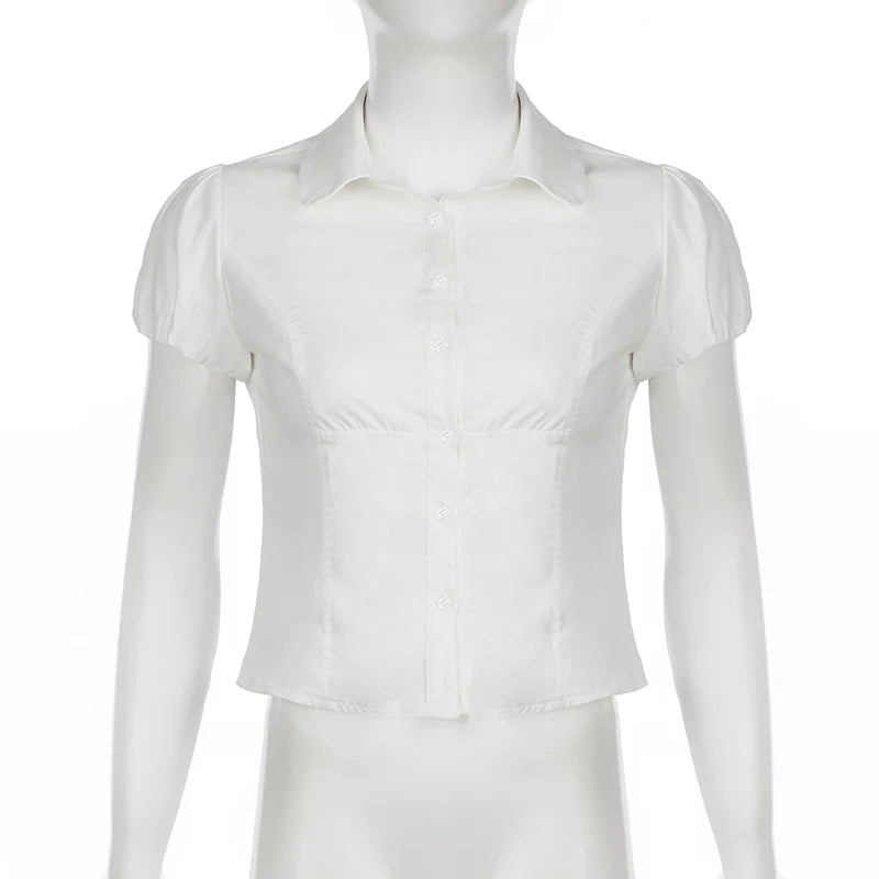 Cyflymder  Casual Solid Blouse Basic Slim Deep V-Neck Turn-Down Collar Short Sleeve Shirts Women 2025 Summer Fashion Streetwear