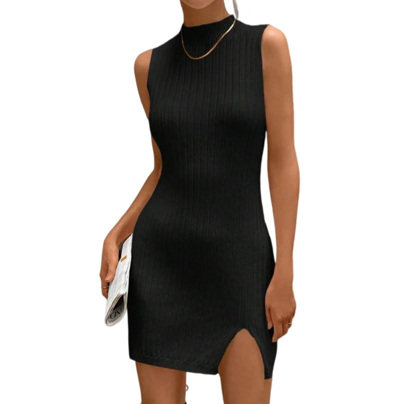 Cyflymder  Slim Short Sleeveless Knitted Vest Dress Female Retro Slim-Fit Skirt Half High Neck Open Split Mini Dress for Spring Summer