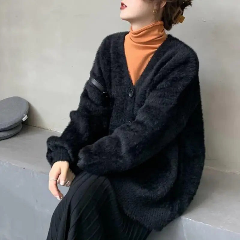 Cyflymder  Cardigan Sweater Women V-neck Long Sleeve Top Solid Lazy Wind Soft Simple Warm Coat Vintage Single Breasted Knitwear Sweater