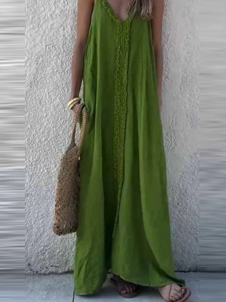 Cyflymder  New Summer Solid Color Loose Evening Dress Elegant V-neck Linen Vacation Style Dress Fashion Ruffles Sleeveless Long Sling Dress