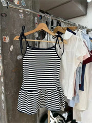 Cyflymder  Vintage Striped Camisole Dress Women Summer Streetwear Simple Cotton Lace-up Strap Vestidos Sweet Cute Preppy Style Dresses Y2K