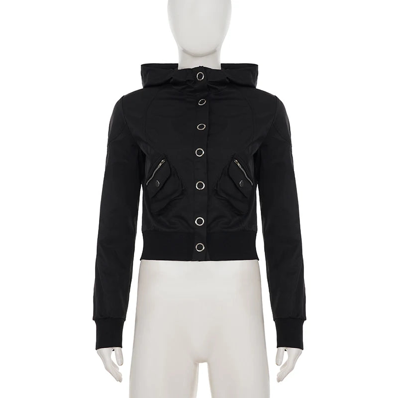 Cyflymder   Black Single-breasted Stand-up Jacket Women Casual Full Sleeve Coats Vintage 2000s Outwear y2k Outfits Autumn Cardigan