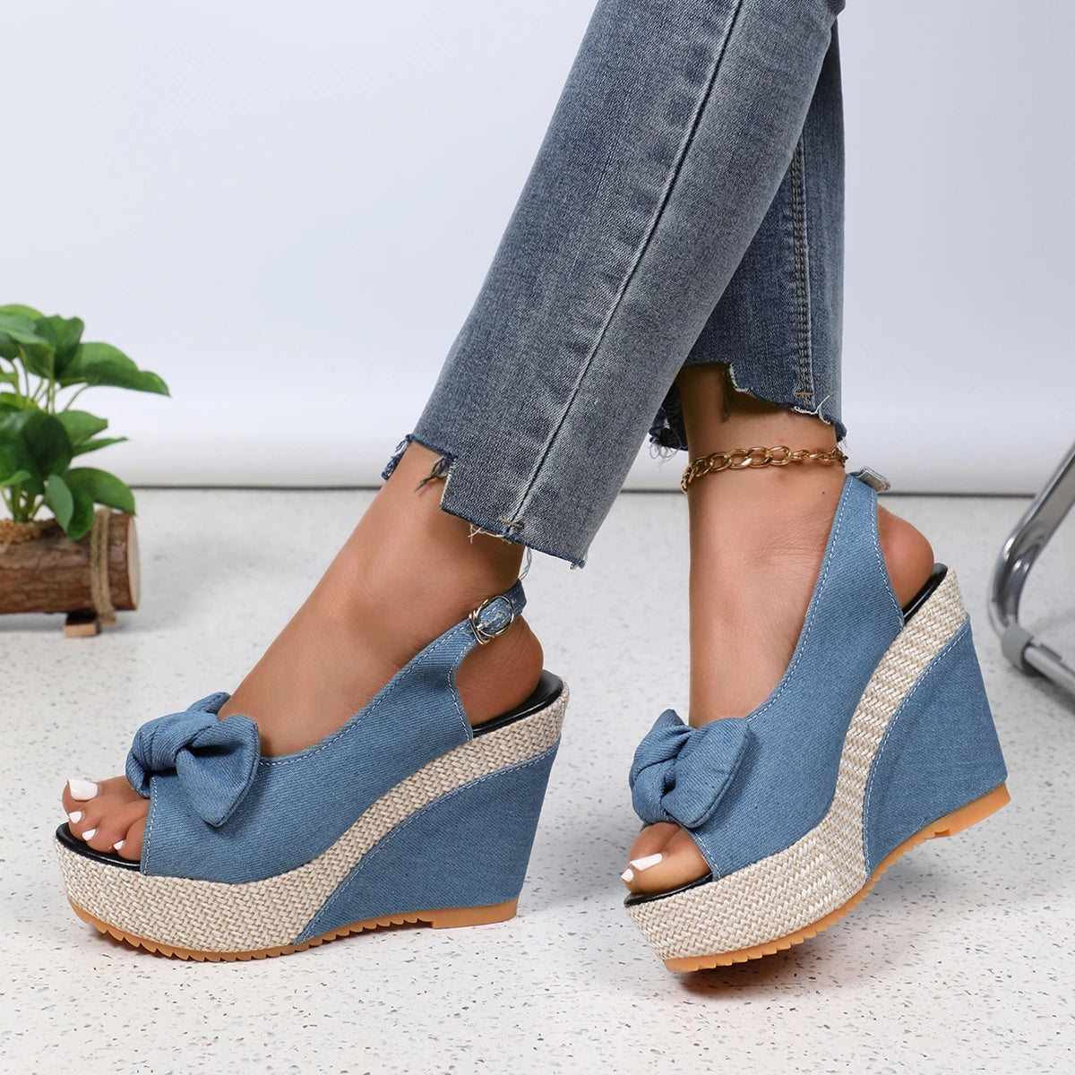 Cyflymder Women's Ankle Strap Peep Toe Platform Denim Wedge Sandals Zapatos De Mujer Wedges Sandal Thick Sole Sandalias High Heel Sandals