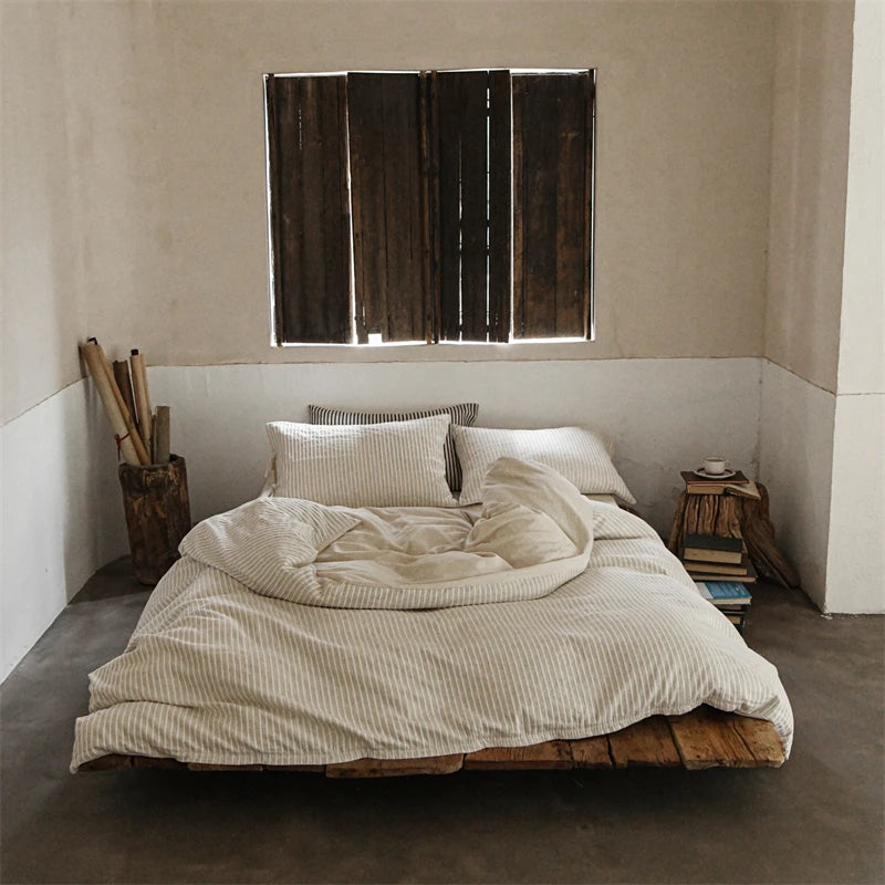Cyflymder  Linen Cotton Simple Stripes Jacquard Nordic Style Bedding Set Single Double Queen King Duvet Cover Flat/Fitted Sheet Pillowcase
