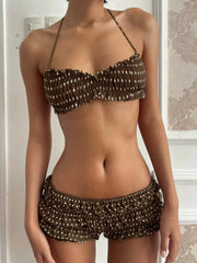 Cyflymder  Holiday Sexy Dot Printed Shorts Sets Beach Style Slim 2 Piece Sets Slash Neck Sleeveless Halter Tops Low-Waisted Shorts