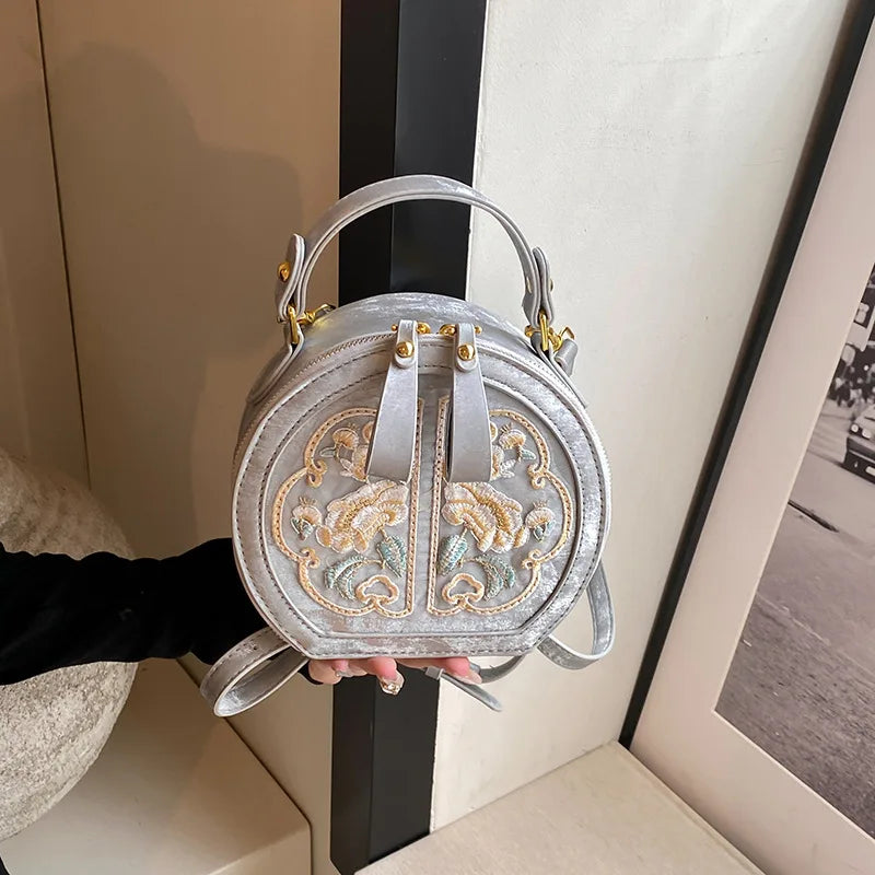 Cyflymder  Fashion Embroidered Women Crossbody Bag, Vintage Pattern PU Round Handbags, New Elegant Versatile Daily Shoulder Bags for Women