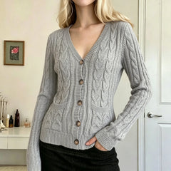 Cyflymder   Women V Neck Cable Knit Cardigan Long Sleeve Button Down Pockets Casual Loose Knitted Sweater Coat Vintage Daily Outerwear