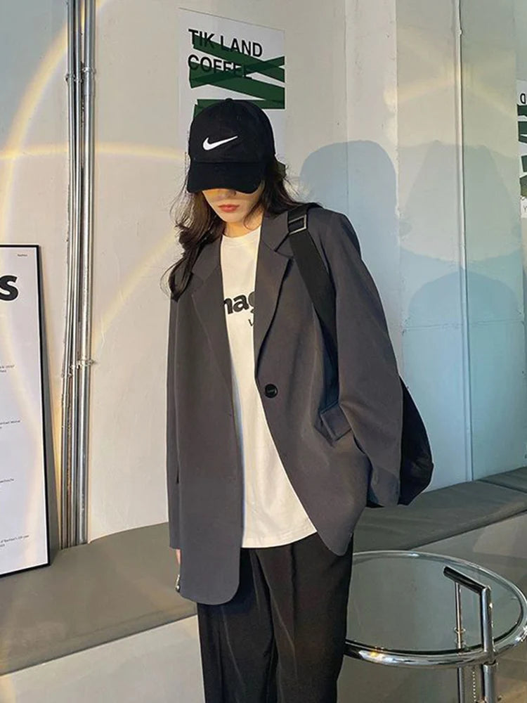 Cyflymder  Harajuku Grey Blazer Coat Women Korean Loose Single Buttons Jacket Preppy Style Casual Long Sleeve Lady Simple Spring Coat