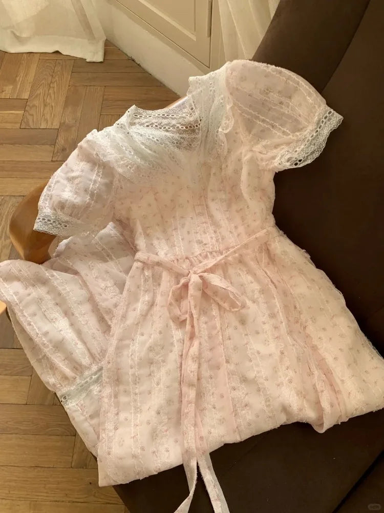 Cyflymder  Sweet Girly Lace Spliced Short-sleeved Dresses Women Summer Elegant V-neck Waist Slim Floral Midi Dress Korea Chic Party Outfits