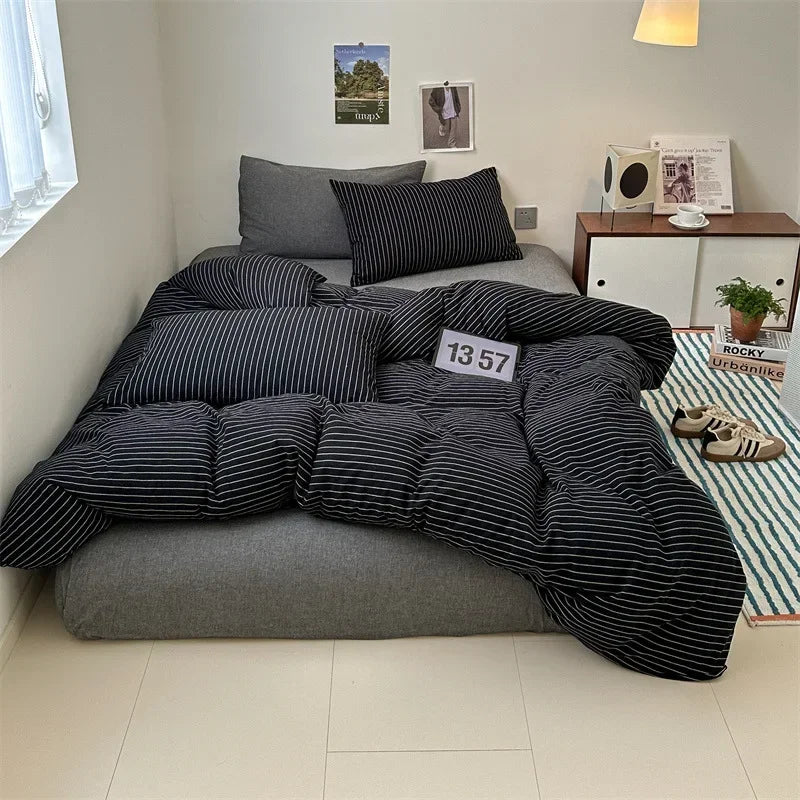 4Pcs Light Luxury Striped Washed Cotton Bedclothes Set Smooth Skin Friendly Soft Bed Sheet Set Home Textile Supplies for Adults