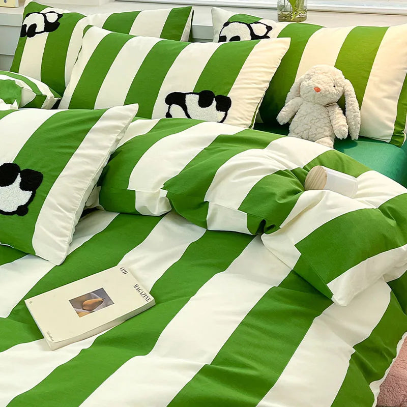Cyflymder  Pure Cotton Cat Embroidery Stripes Bedding Sets Cartoon Skin Friendly Quilt Set for Dormitory Home Single Queen Size Bedclothes