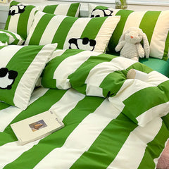Cyflymder  Pure Cotton Cat Embroidery Stripes Bedding Sets Cartoon Skin Friendly Quilt Set for Dormitory Home Single Queen Size Bedclothes