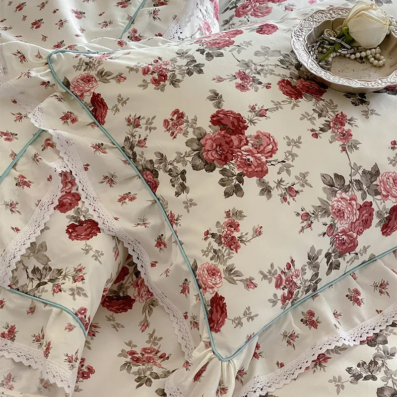 Cyflymder  Rustic Vintage French Rose Floral Ruffles 100% Cotton Bedding Set Duvet Cover Set Flat/Fitted Bed Sheet Pillowcases 4Pcs