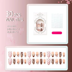 Cyflymder   24PCS Cute Cat Almond Press on False Nails Sweet Brown Polka Dots French Simple Flowers Pink Nail Tips Set Full Cover Fake Nails