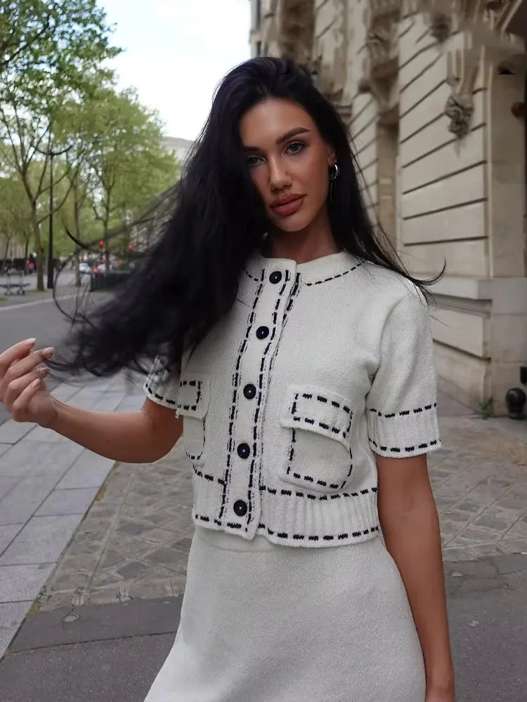 Cyflymder  Elegant Knitted Cardigan Coat Women Fashion Single-Breasted Pockets Short Sleeve Crop Sweater 2025 New Summer Casual Slim Tops