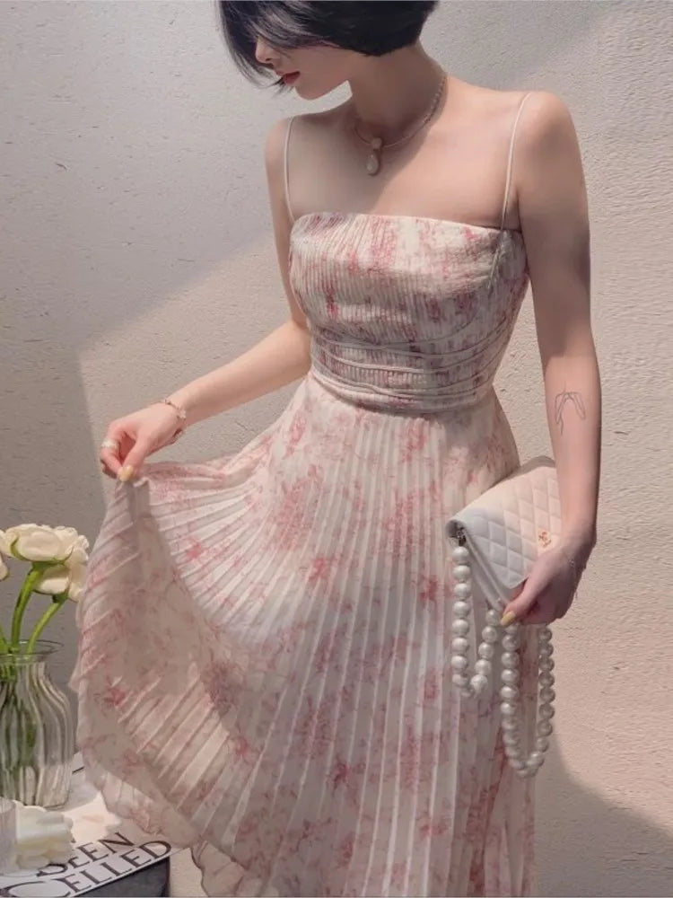 Cyflymder  Spring Summer Dress Cardigan Floral Suspender Skirt Two-piece Suit Dress Women A Line Vintage Korean Midi Dresses