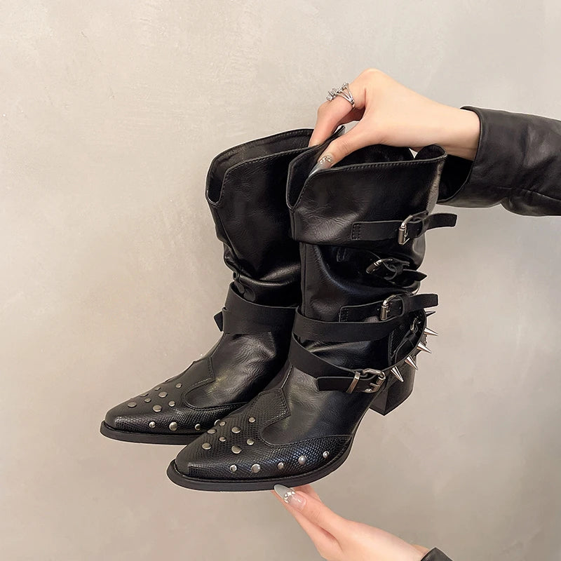 Cyflymder  Vintage Rivet Hottie Woman Knight Boots Shoes 2025 Autumn Ladies Elegant Pointed Toe Thick Heel Western Cowboy Botas