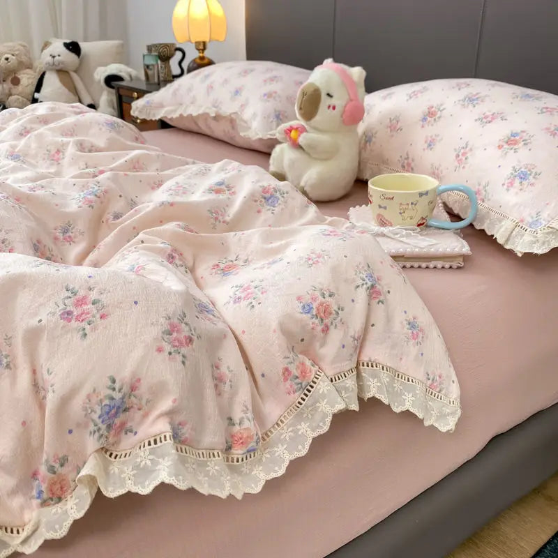 Cyflymder  INS French Lace Trim Bowknot Double Layer Gauze Quilt Cover Four-Piece Set Simple Bed Sheet Fitted Sheet Dormitory Three-Piece