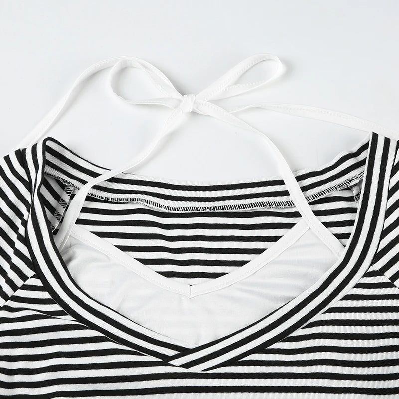 Cyflymder  Casual Patchwork Striped T Shirt Fake 2 Piece Basic Halter O-Neck Short Sleeve Tees Women 2025 Summer Fashion Streetwear
