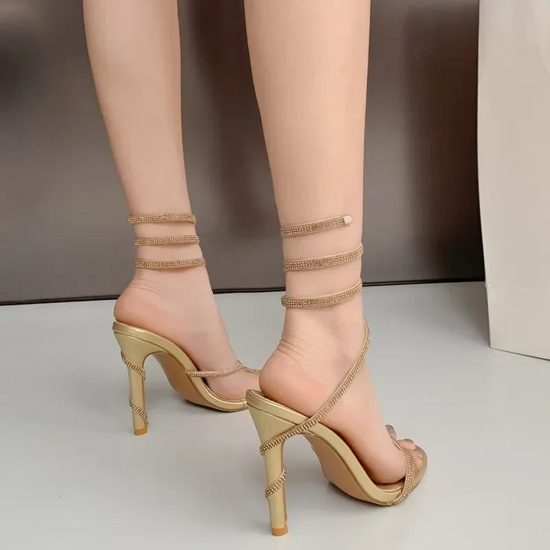 Cyflymder  Summer Luxury Crystal Snake Coiled Women Sandals Sexy Narrow band Thin High heels Wedding Party Female Gladiator Shoes