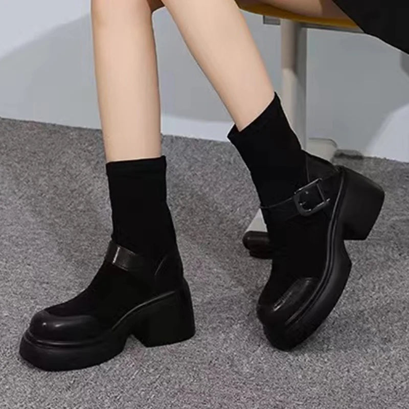 Cyflymder Winter New Solid Ankle Boots Trend Metal Buckle Chunky Platform Goth Boots Woman Thick Soled Women's Short Boots