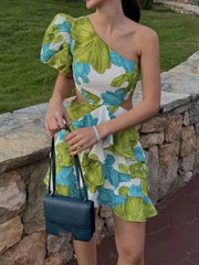 Cyflymder  Elegant Hight Waist Slim A-Line Dress Sexy Slanted Shoulder Short Sleeve Bohe Dress Women Fashion Floral Print Hollow Mini Dress