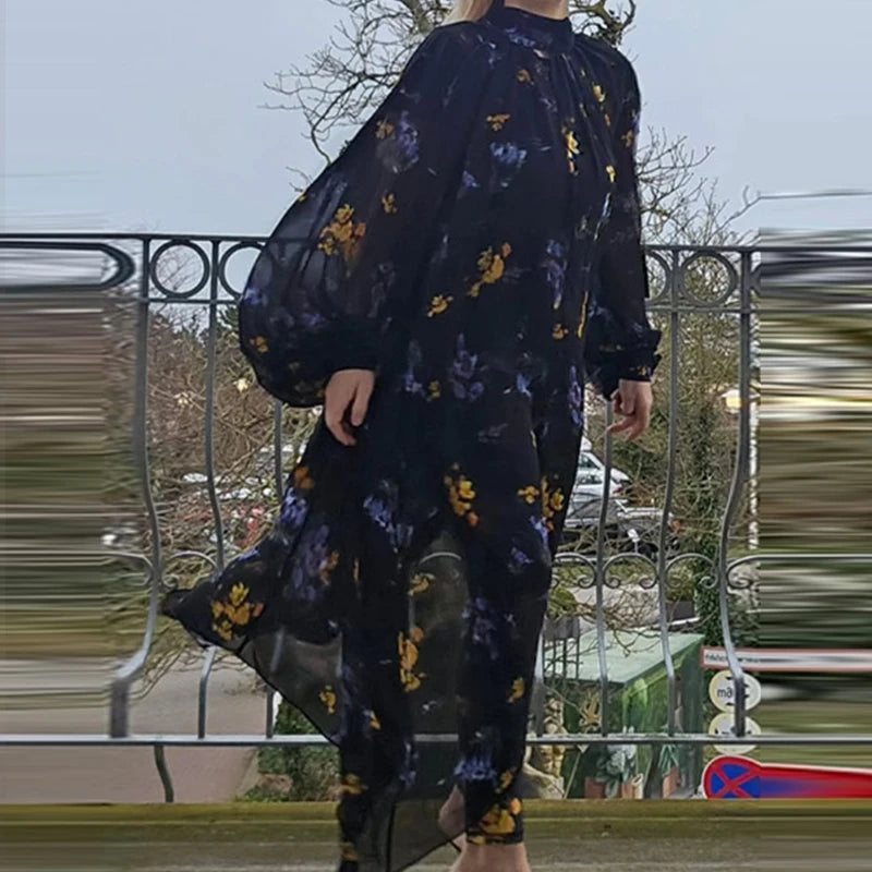 Cyflymder  Fashion Flower Print Draped Party Dress Elegant Half High Collar Chiffon Loose Dress Women Casual Long Sleeve Hollow Long Dress