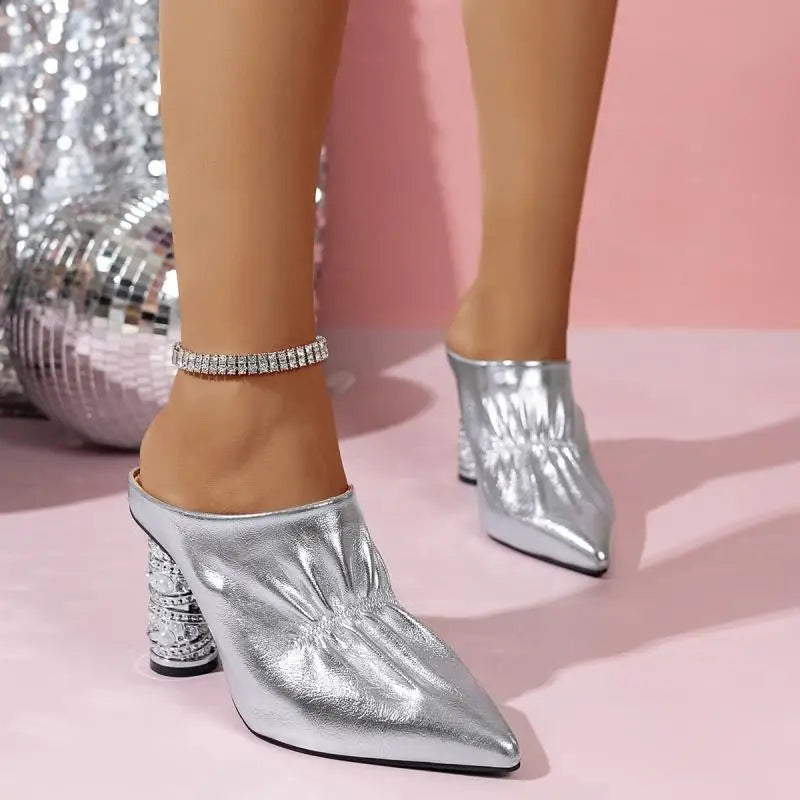 Cyflymder  Brand Design Close Toe Gold Mules Slippers Women 2025 Summer Sexy Pointed Toe High Heel Sandals Fashion Silver Party Dress Shoes