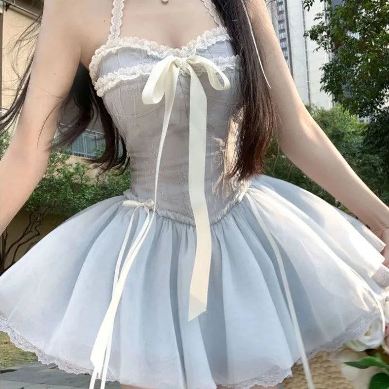 Cyflymder  Spring Summer Dress Women Sweet Kawaii Slim Mini Dress Y2k Fluffy Harajuku Sexy Dresses Off-shoulder Party Birthday Wedding Gown