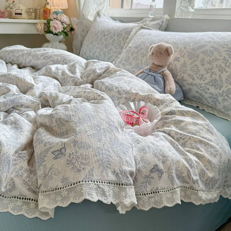 Cyflymder  Korean Style Girly Heart Floral Double Layer Gauze Four-Piece Set Princess Style Lace Trim Quilt Cover Bed Sheet Dormitory
