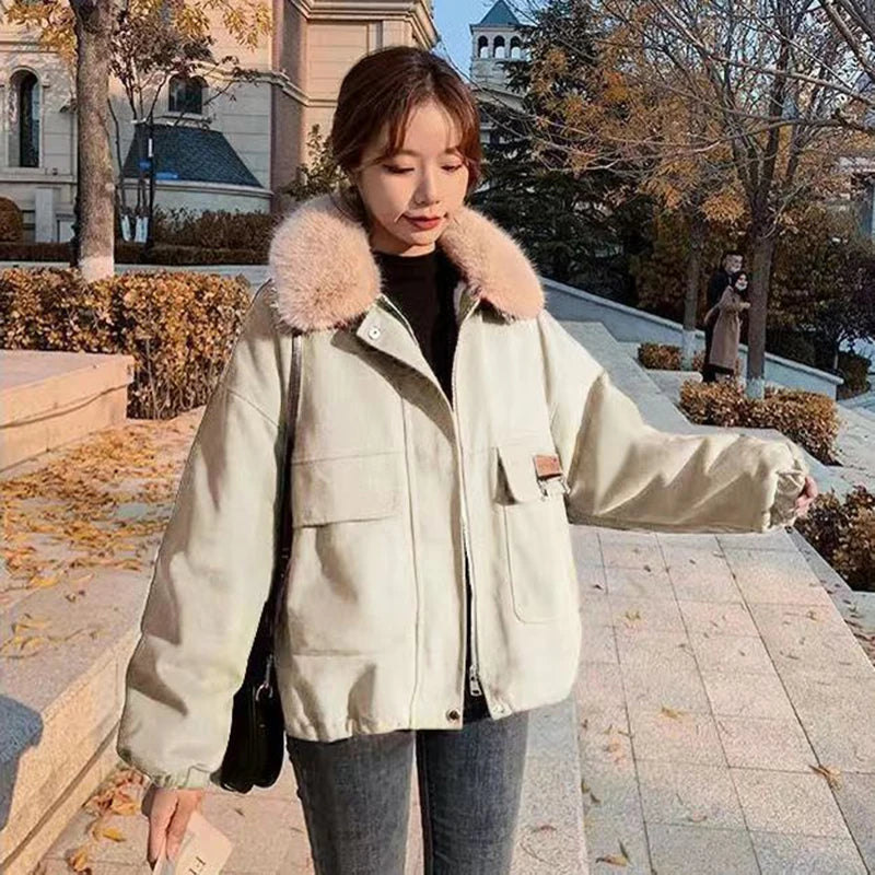 Cyflymder Korean Thick Fleece Women Winter Jacket Fashion Loose Warm Plush Parkas Female Elegant Lapel Zipper Pocket Velvet Coat