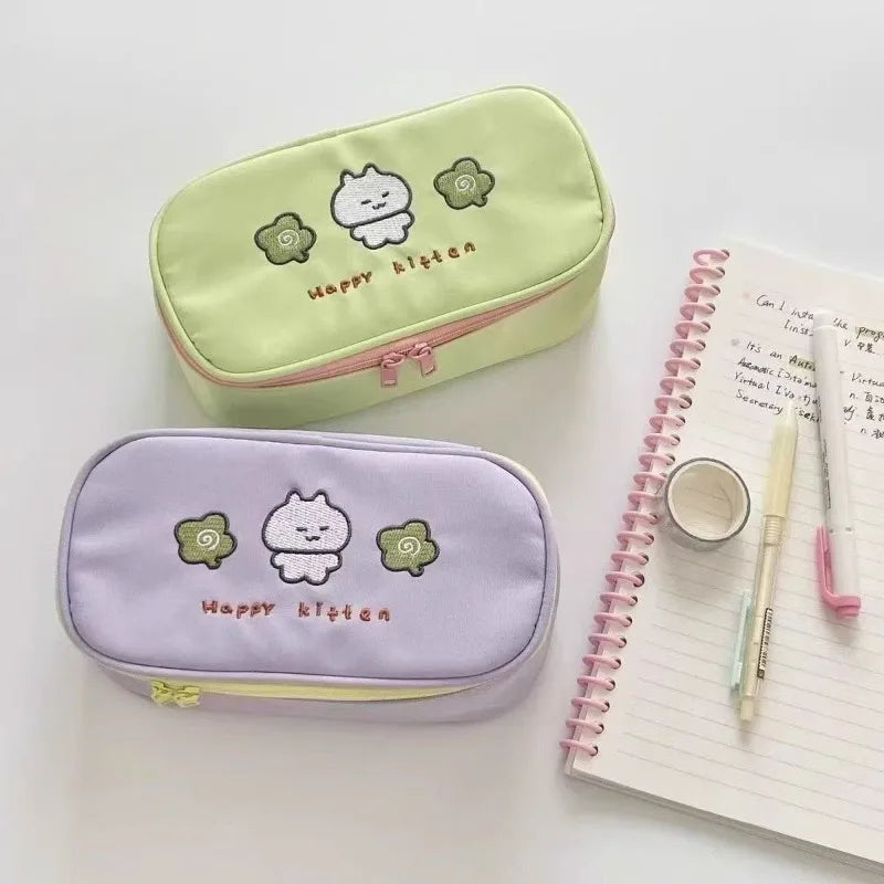 Cyflymder  Cute Cartoon Embroidery Pencil Case for Kids Boy Girl Kawaii Clover Kitten Stationery Organizer Portable Large Capacity Pen Bag