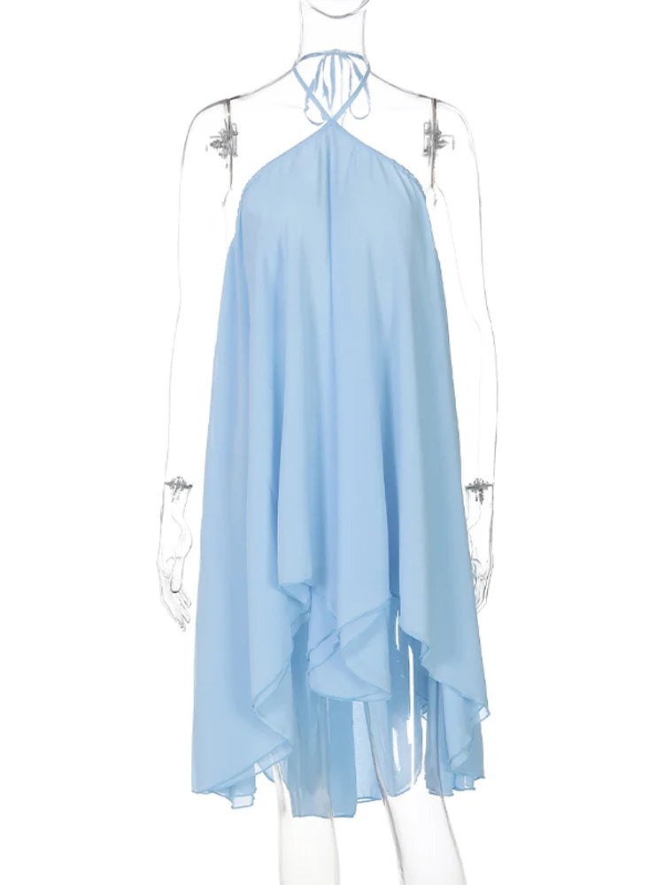 Cyflymder  Halter Pleated Backless Irregular Mini Dress Women Off Shoulder Sexy Big Swing A-line Holiday Dresses 2025 Summer Party Robe