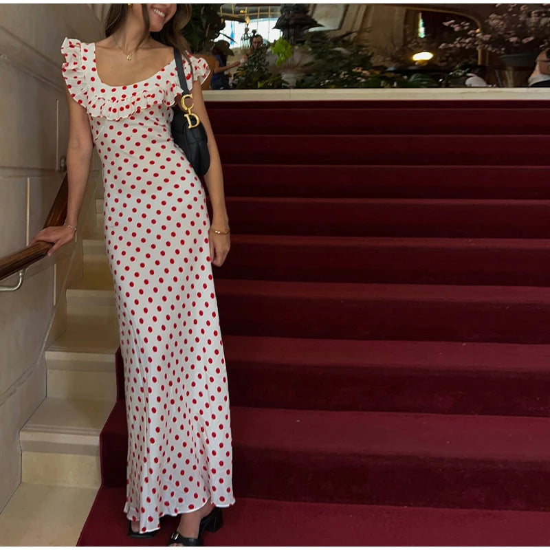 Cyflymder  Slash Neck Polka Dot Printed Dress Women Color Blocking Design Elegant Fashion Casual Robe Versatile Off Shoulder Flounce Dress
