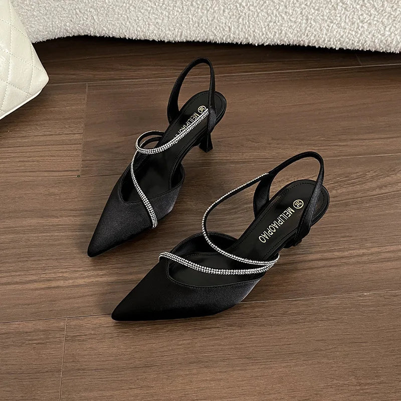 Cyflymder  Sandals Stiletto Heels Female Shoe 2025 Women's Mid-Calf Strap Riband Girls Comfort Beige New Pointed Spring Rhinestone High Clo
