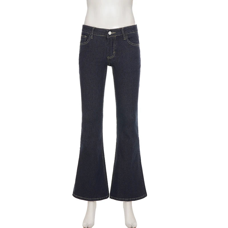Cyflymder  Dark Blue Low-Rise Slim-Fit Flare Jean Y2k Aesthetic 2000s Denim Trousers Chic Sexy Pant Casual Outfit Grunge Fairycore