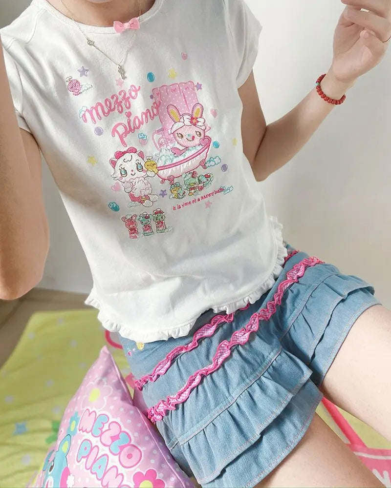 Cyflymder  Japanese Sweet Lolita Style Mini Denim Skirt Women Kawaii Embroidery Ruffles Cake Skirts Summer Female Fashion Y2K Party Skirts